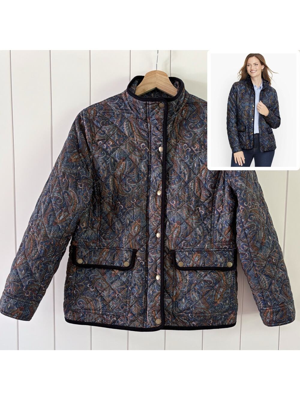 Talbots Paisley Quilted Jacket Lightweight Barn Coat Blue Corduroy Trim M Petite
